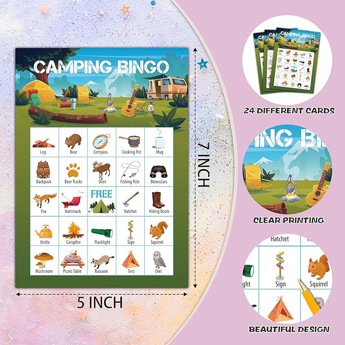 Camping Bingo Cards, Camp Bingo Games for 24 Players, Camp Adventure Games for Family Friends Large Group Activities, Hike Field Trip Holiday Party Favors Supplies Decorations(24)