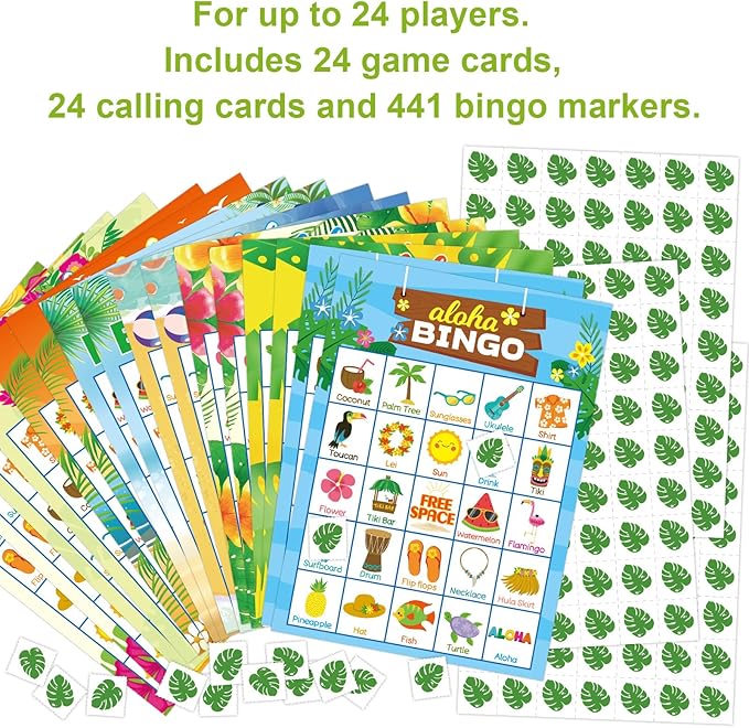 Luau Bingo Game for Kids 24 Players Hawaiian Aloha Tropical Summer Luau Party Games Favors Supplies