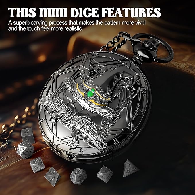 D&D Dice Set,7PCS Metal Dice for Dungeons and Dragons,Mini Dice Set with Pocket Watch Case,Role Playing Board Games Accessories (Wizard, Black)