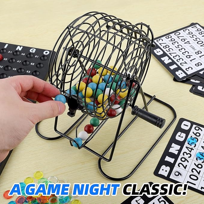 Deluxe Bingo Game Set Includes 18 Mixed Cards, 150 Vibrant Chips, 75 Calling Balls, 8” Bingo Cage - Premium Bingo Set for Large Groups and Parties