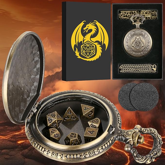 Mini DND Dice Set Dragon Bronze Pocket Watch Shell Case, 7pcs Polyhedral Metal D&D Dice Set, DND Gifts with Gift Box, D&D Gift, Role Playing Board Games Accessories