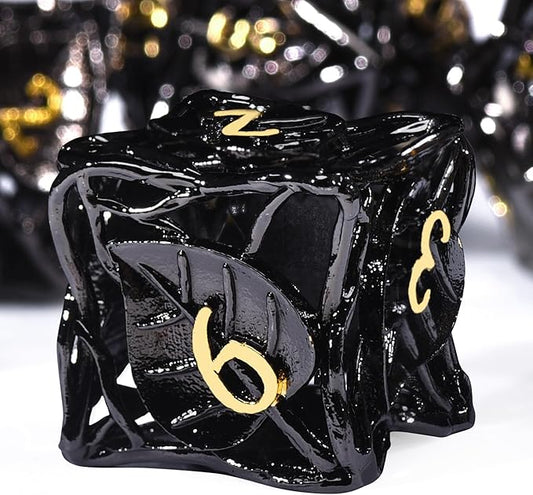 AUSTOR Metal DND Dice Set 7 Pieces Leaf DND Dice Hollow Polyhedral Dice D20 D12 D10 D% D8 D6 D4 Metal Dice with Metal Box for Dungeons & Dragons RPG Board Games(Black & Gold)