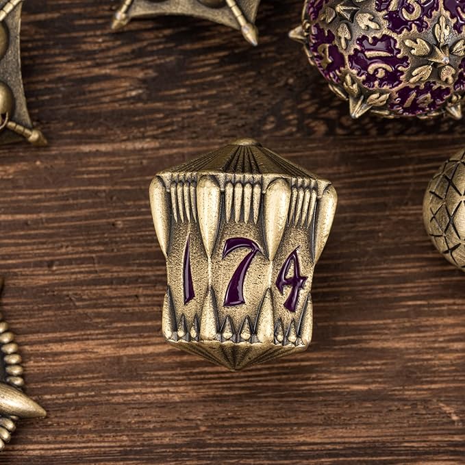 UDIXI Dragon Metal Dice Set D&D, 7-die Polyhedral Dice Set with Unique Shape for DND Dungeons and Dragons Role Playing Games and Tabletop Game (Bronze with Purple Number)