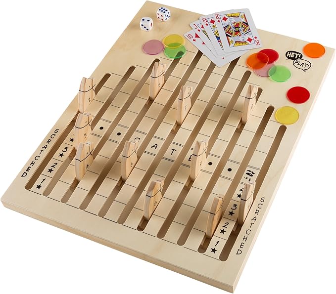 Hey! Play! Wooden Horse Race Game with Dice, Cards and Chips – Indoor and Outdoor Board Games for Adults, Kids, Boys and Girls Party Game (80-DDH)