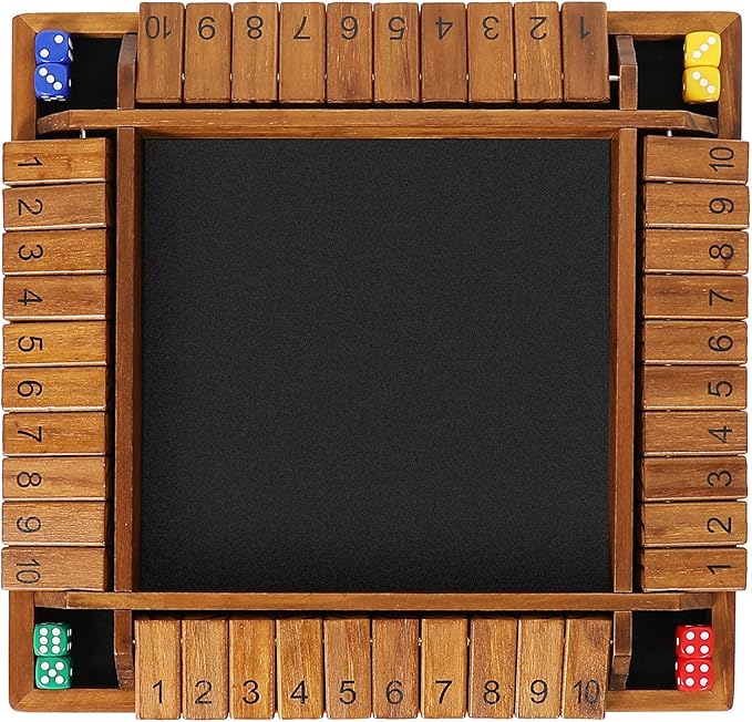 Vamslove 12 inches Shut The Box Dice Game Wooden Board Table Math Game with 8+4 Dice for 2-4 Player, 4 Sided 10 Numbers Close The Box for Kids Adults(Instructions Included)