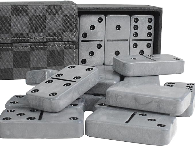 Dominos Set for Adluts - Double 6 Jumbo Domino Set - 28 Thick Marbleized Black and Gray Tiles - Dominoes Set for Adults and Kids, Classic Board Game for Family Nights & Travel (Black & Grey Case)