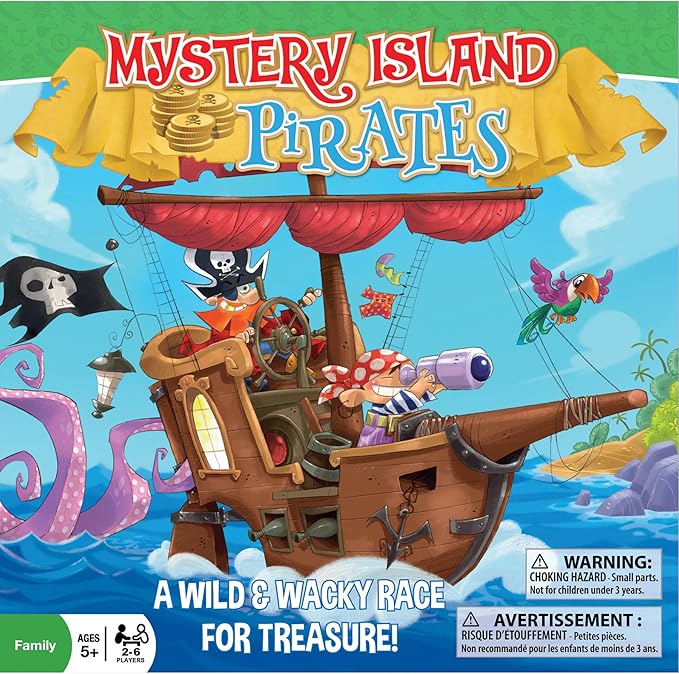 Mystery Island Pirates - Tile Game, by Outset Media, A Wild & Wacky Race for Treasure, Build Your Own Game, Two Games in One Box, Perfect for Family Game Night & Children, for 2-6 Players, Ages 5+