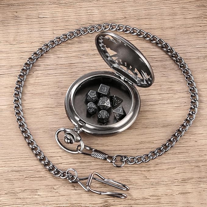 Mini DND Dice Set with Steampunk Hollow Pocket Watch Shell Case, 7pcs Polyhedral Metal D&D Dice Set, DND Gifts with Gift Box, Role Playing Board Games Accessories, Dark Silver