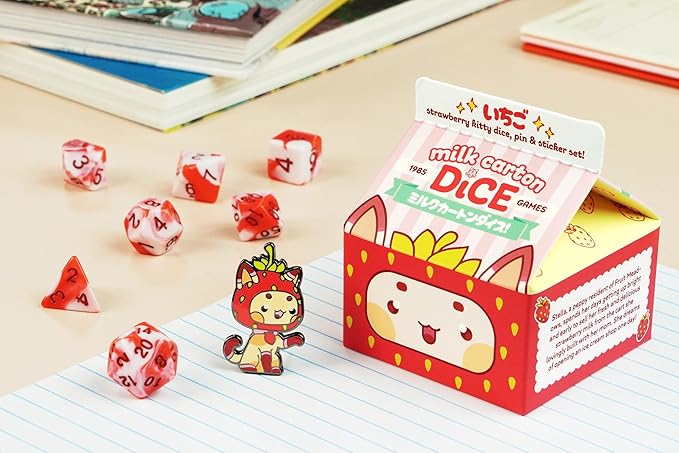 1985 Games Strawberry Kawaii Cat Dice Set – Milk Carton-Inspired Dice for DND | TTRPGs & Tabletop Roleplaying