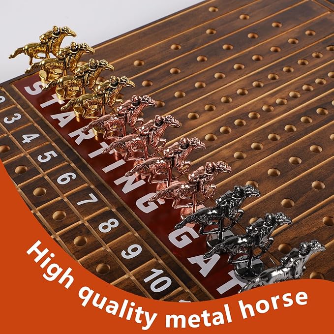 Large 21 Inches Horse Race Board Game Thickened Wood Finish Line Horse Racing Game for Friend's Party Included 11 Metal Horses,2 Dices and 2 Decks of Cards（Oval,Vintage Flame）