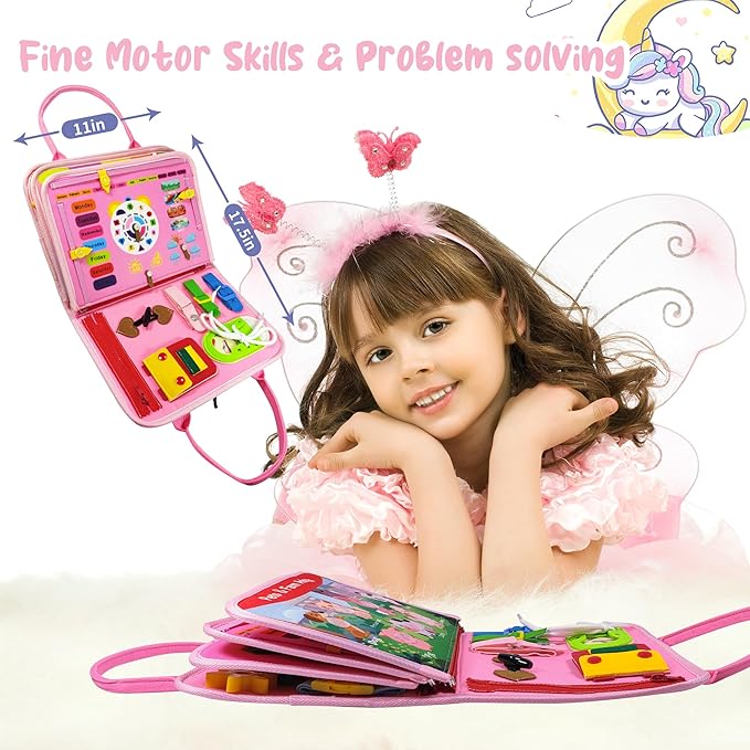 TenFans Montessori Busy Board for Toddlers 1-3 Years - Sensory Toys for Fine Motor Skills - Educational Activities & Travel Toys for Car & Airplane - Gifts for Girls