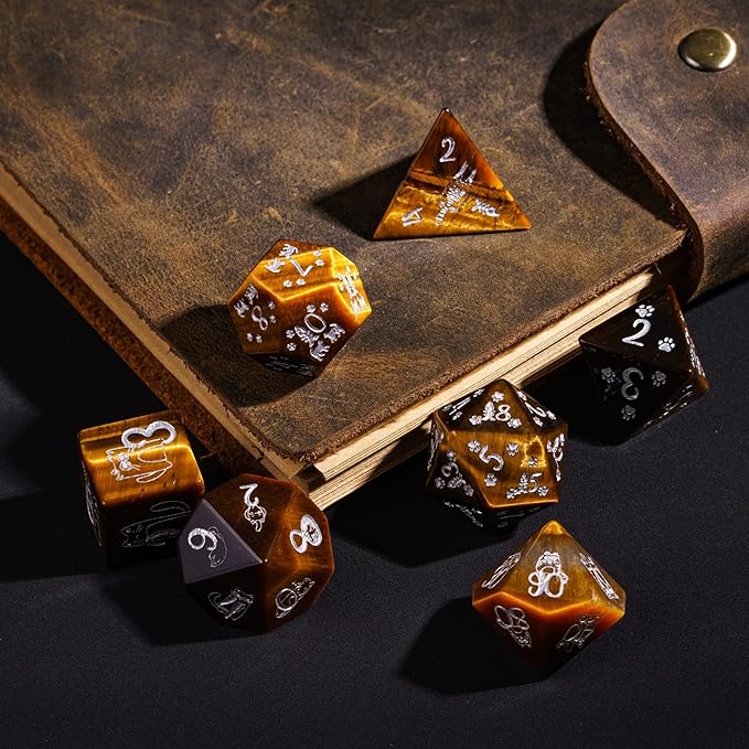UDIXI Gemstone Dice Set D&D Tiger's Eye Stone Dice with Gift Case for Dungeons and Dragons Tabletop Game