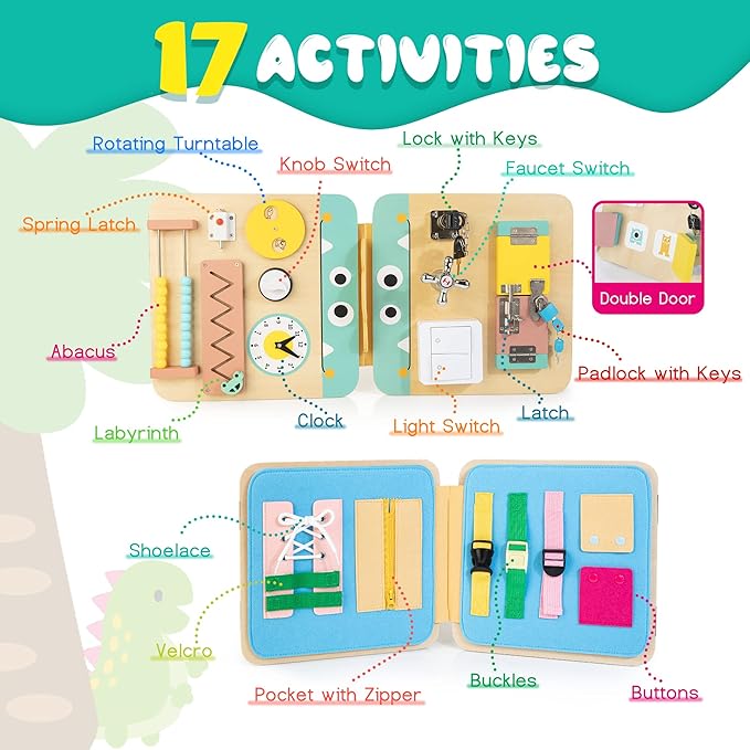 17 for 1 Wooden Busy Board for Kids, Montessori Toys for 2 3 4 Years Old, Eduacational Activity Sensory Board, Multifunctinal Learning Toys for Toddlers Age 2-4, Fine Motor Skill