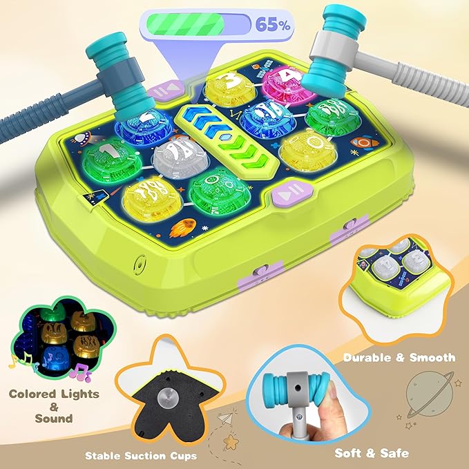 Whack Mole Game Toy for Toddler, Toys for 3 4 5 6+ Year Old Boys/Girls, Interactive Educational Pounding Toys with 2 Hammers, Music & Light, 3 Modes, Birthday Xmas Gifts for Boys Girls Kids Age 3+