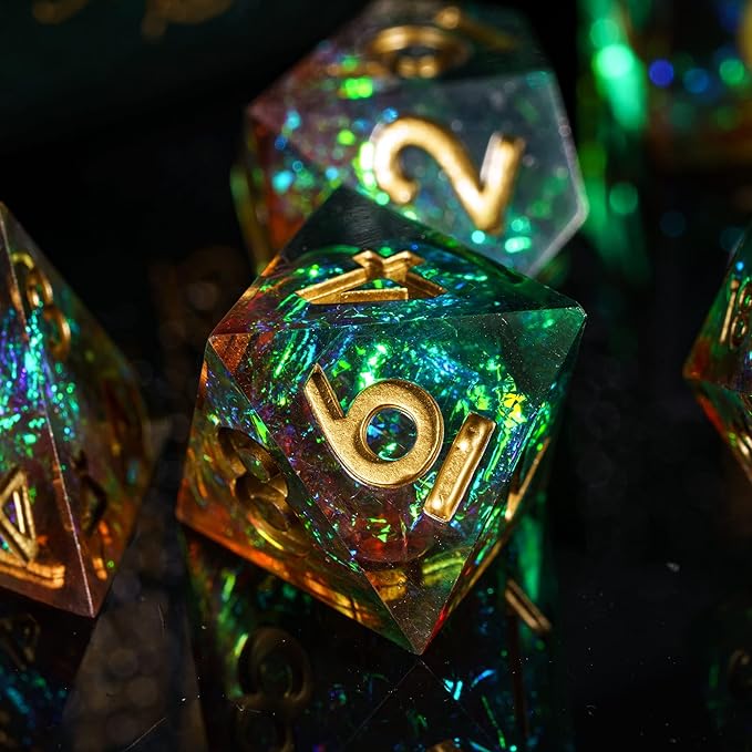 7PCS DND Dice Set,Handmade Sharp Edge Dice Set D&D RPG Polyhedral Die,for Dungeons and Dragons TTRPG Games Roleplaying Games Pathfinder,with Gift Box(Green with Brown)