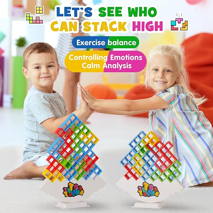 WOWNOVA 48PCS Tetra Tower, Fun Balance Stacking Building Blocks Board Game for Kids, Adults, Friends, Team, Classroom, Dorm, Family Game Night and Parties