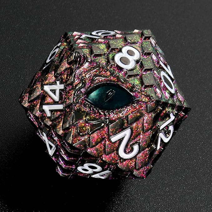 Dragon Eye Scale DND Metal Dice,33mm 20 Sided Giant D20, Large Polyhedral Dice, D&D Metal Dice Set for Dungeons and Dragons, RPG, MTG & Tabletop Games(Glitter Purple with Green Eye)