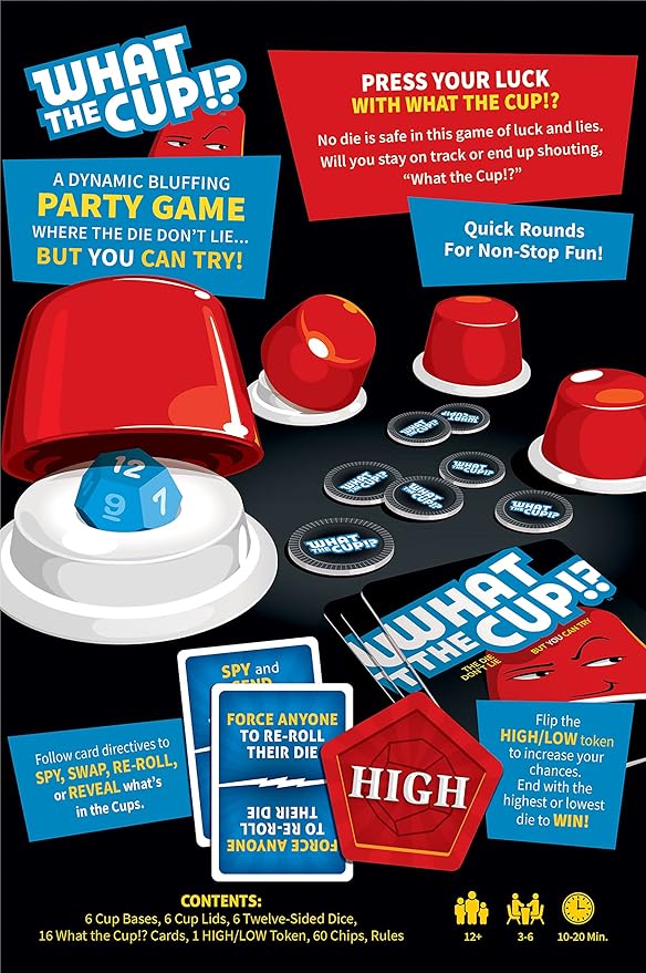 USAOPOLY What The Cup!? | Social Bluffing Dice Game | Featuring Handheld Dice Cups & D12 Dice | Spy, Swap, Steal The Winning Cup | 3-6 Players, Ages 12+