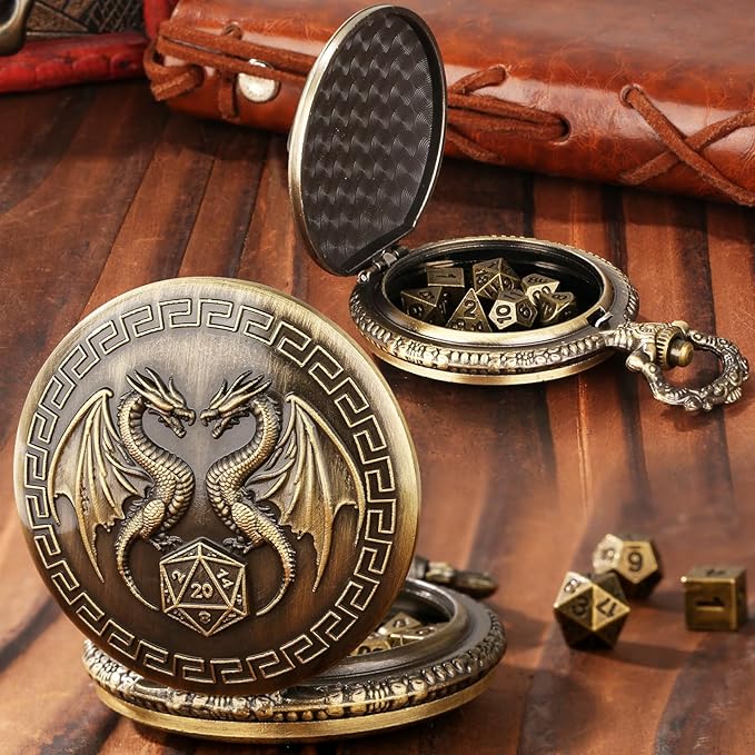 Mini DND Dice Set with Steampunk Double Dragon Pocket Watch Case, Tiny 7-Piece Polyhedral Metal D&D Dice, DND Gifts with Gift Box, Role Playing Game Board Game Accessories Dice, Bronze
