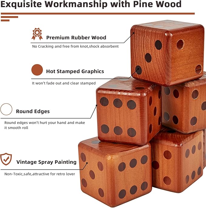 Giant Wooden Yard Dice Set - Large Lawn yatzee Game with Scoreboard - Outdoor Beach Backyard Games for Teens Adults Family (Including Carry Bag)