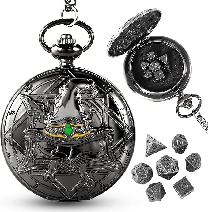D&D Dice Set,7PCS Metal Dice for Dungeons and Dragons,Mini Dice Set with Pocket Watch Case,Role Playing Board Games Accessories (Wizard, Black)