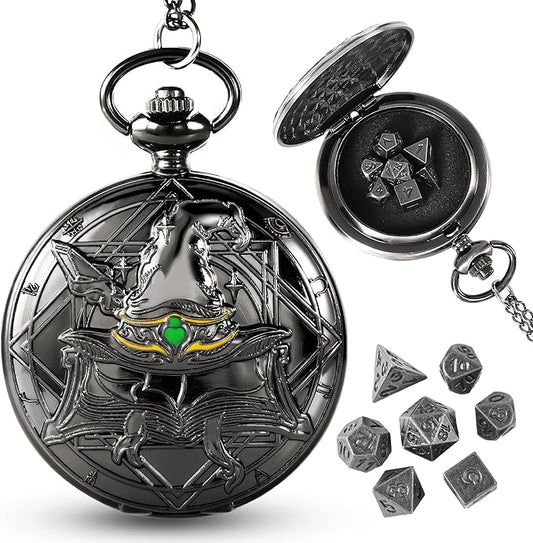 D&D Dice Set,7PCS Metal Dice for Dungeons and Dragons,Mini Dice Set with Pocket Watch Case,Role Playing Board Games Accessories (Wizard, Black)