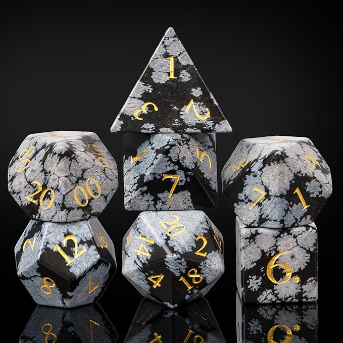 UDIXI Gemstone Dice Set DND, 7PCS Natural Snowflake Stone D&D Dice Set with Leather Gift Case for Dungeons and Dragons Table Games (Snowflake Obsidian)
