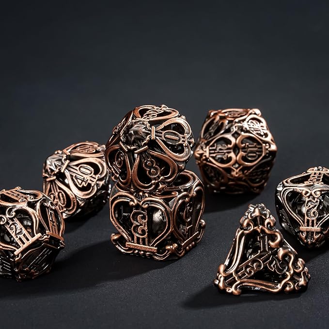 Cusdie 7-Die Metal Dice Set - Hollow Design with Bells - Crisp Sounding Gaming Dice in Tin Box - Perfect for Tabletop RPGs & Board Games(Ancient Copper)