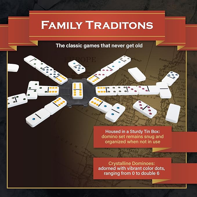 Family Traditions Double 6 Dominoes Tin, Crystalline Dominoes