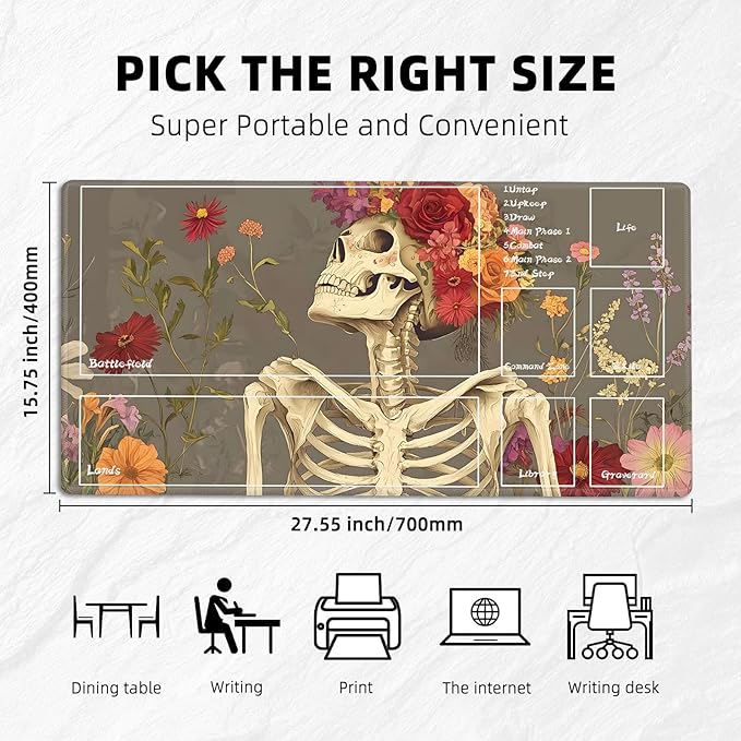 for MTG Playmat with Zones Storage Bag,for TCG Playmat and Playing Card Mat for Magic Board Games, Skull Flower Non Slip Stitched Edges Game Mat, Rollable Foldable Card Playmats
