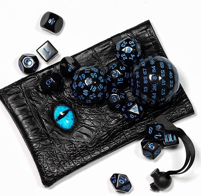 15 Pieces Complete Polyhedral DND Dice Set D3-D100 Spherical D&D Dice Set with Dragon Eye Dice Bag, D100 Dice for Dungeons and Dragons, RPG, MTG Table Games(Black w/Blue Numbers)