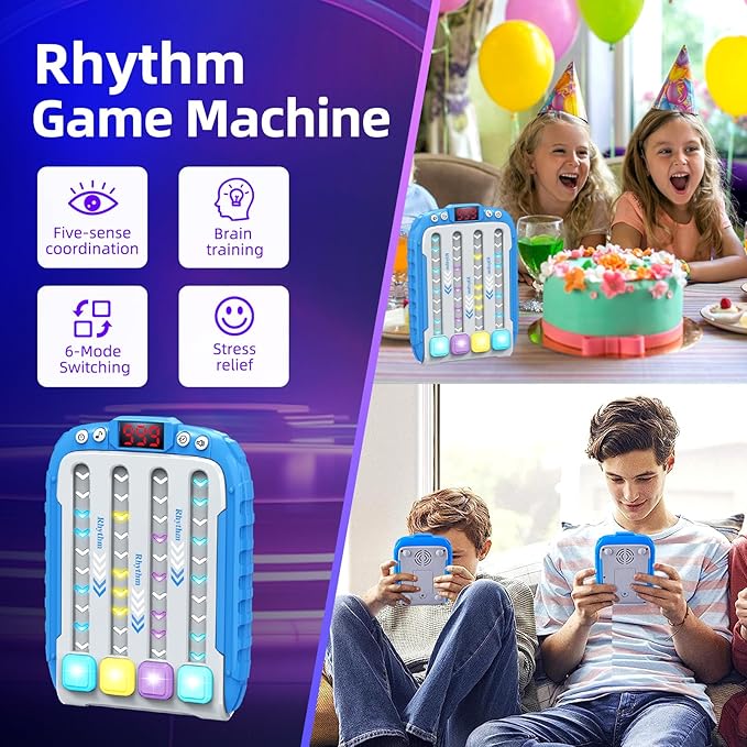 Electronic Music Rhythm Game Machine, Handheld Game for Kids, Travel Game Fast Press Push Game Fidget Toy, Autism Toy Puzzle Game with Music & Light, Toys Gifts for Boys Girls Ages 3-12 (Blue)