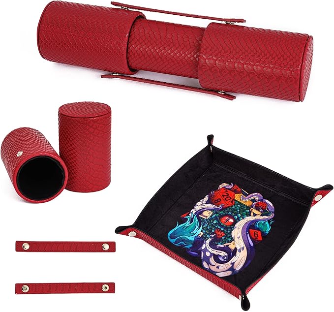3 in 1 PU Leather Dice Rolling Tray with Two Dice Cup Set, Portable Folding DND Dice Trays for RPG Board Games and Pub Party Games