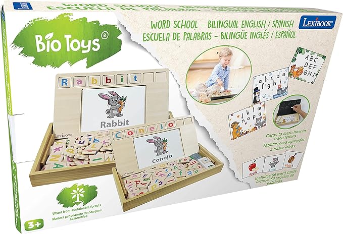 LEXIBOOK EDU100i2 Bio Toys School, Bilingual Spanish/English, Wooden, 50 Word Cards, Alphabet, Educational Game, Medium