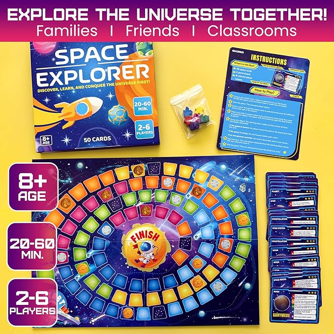 QUOKKA Space Board Game for Kids Ages 8-12 and Families – Fun Space Trivia Cards, Colorful Tokens & Playing Board – Learn Planets & Universe Facts – Educational Family Game for 2-6 Players