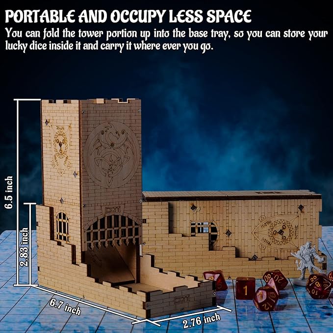 Castle Dice Tower with Tray Wood Laser Cut Dragon Carving Easy Roller Perfect for Board Game, D&D and RPG (Castle)