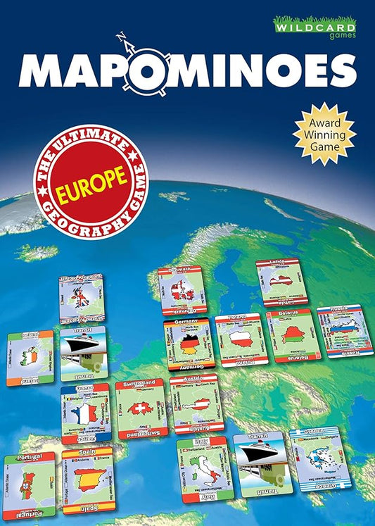 MAPOMINOES EUROPE – The Ultimate Geography Game – Fun and educational travel card game about connecting European countries for kids teens and adults. Like dominoes with maps.