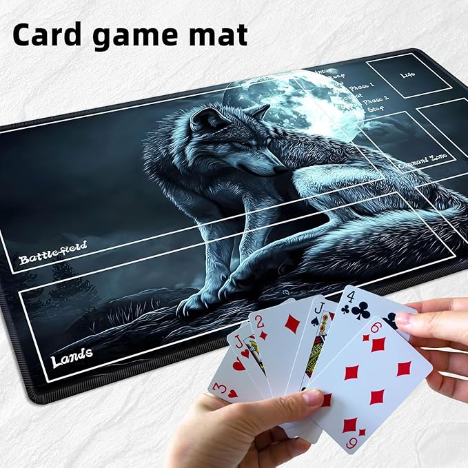 for MTG Playmat with Zones Storage Bag,for TCG Playmat and Playing Card Mat for Magic Board Games, Wolf Non Slip Stitched Edges Game Mat, Rollable Foldable Card Playmats