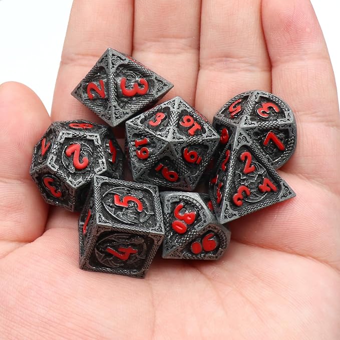 Haxtec Metal DND Dice Set Black Red Dragon D&D Dice Set with Leather Dice Bag Metal Polyhedral Dice for Dungeons and Dragons Gifts TTRPG Dice