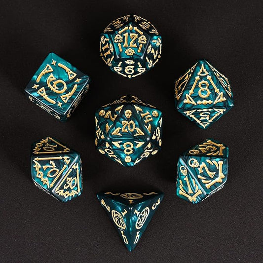 7-Die DND Dice Set Halloween Pattern Polyhedral Die Set with Leather Bag, Skull Dice D&D Die for Dungeons and Dragons RPG Table Games (Halloween Pattern-Green)