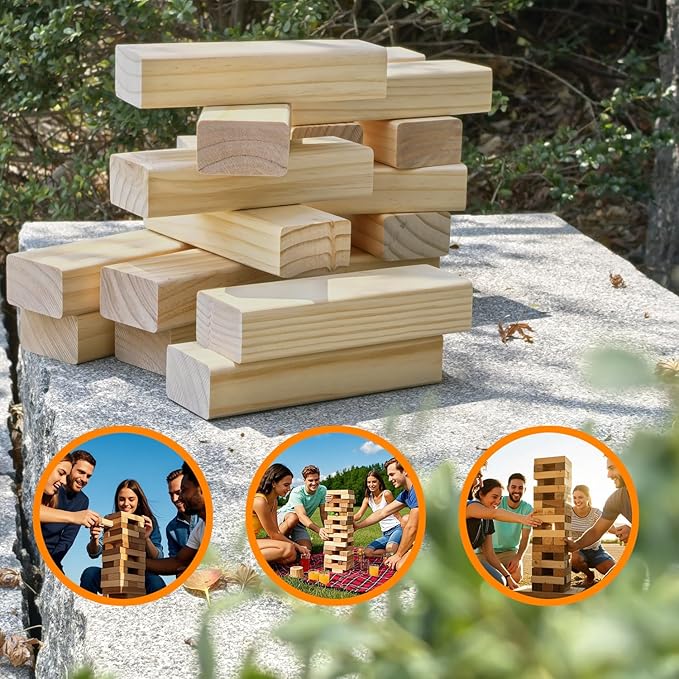 Nattork Giant Tumbling Tower (Stack from 2.16Ft to 5+ Ft), Wood Stacking Giant Blocks Game| Made from Premium Pine Wood| Ideal for Family, 54PCS