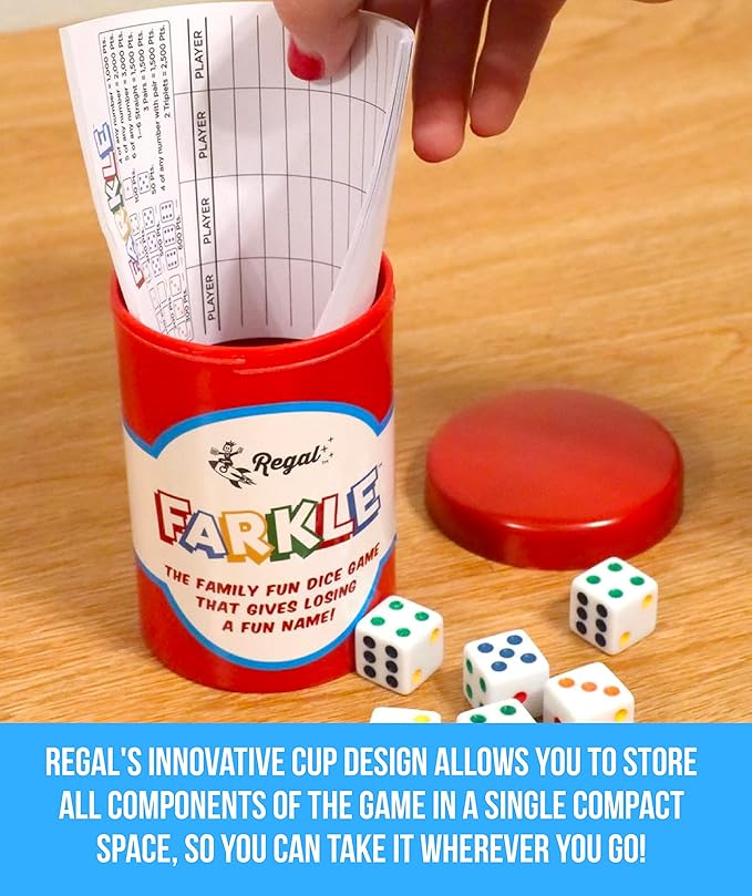 Regal Games - Farkle Classic Dice Game w/ 6 Colored Dice, 1 Convenient Dice Cup for Easy Shaking, and 25 Score Sheets - Fun Family Game for Travel, Camp, and More - Ideal for 2-4 Players (Ages 12+)