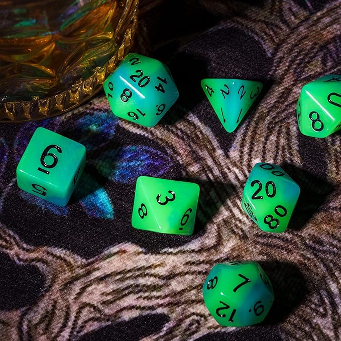 Glow in The Dark DND Dice, 7Pcs Luminous Polyhedral Dice Set with Leather Dice Bag, Glowing D&D Dice for Dungeons and Dragons, RPG, MTG Table Games(Green Blue)