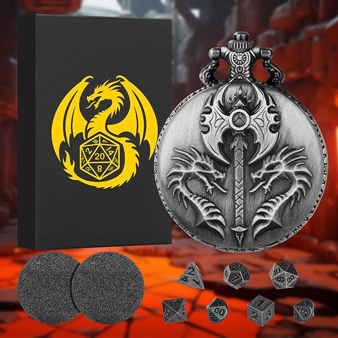 Mini DND Dice Set with Double Headed Dragon(Top Double-Sided Axe) Pocket Watch Case, 7-PCS Polyhedral Metal D&D Dice, DND Gifts with Gift Box, Role Playing Game Board Game Accessories Dice, Silver