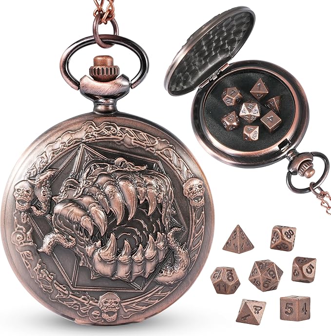 D&D Dice Set,7PCS Metal Dice for Dungeons and Dragons,Mini Dice Set with Pocket Watch Case,Role Playing Board Games Accessories (Monster, Copper)