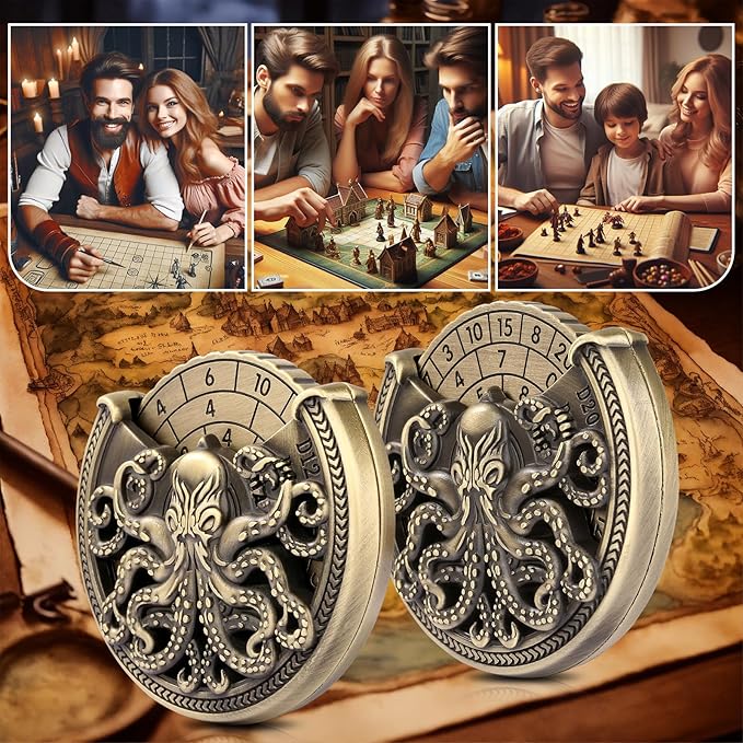 Spinner DND Dice Set, 7-in-1 Metallic D&D Dice, Octopus Roulette Dice Spinner for DND Dice Set, D&D Gifts with Gift Box, Father's Day, Role Playing Game Board Game Accessories, Bronze
