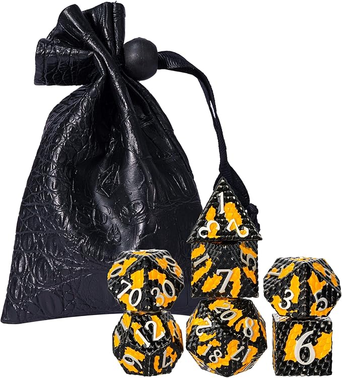 UDIXI Metal DND Dice Set Dragon Scale Polyhedral Dice D&D for Role Playing Games Dungeons and Dragons (Black Orange-Silver Number)