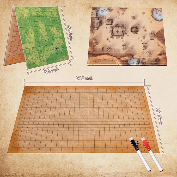 CZYY DND Foldable Mat Dry Erase TTRPG Map Grassland & Desert Two-Sided Cardboard Terrain 27x23 Inches with Square Grid - Portable, Reusable Game Board for D&D, Pathfinder and Tabletop RPGs (Style A)