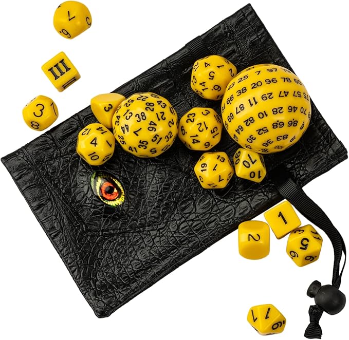 15 Pieces Complete Polyhedral DND Dice Set D3-D100 Spherical D&D Dice Set with Dragon Eye Dice Bag, D100 Dice for Dungeons and Dragons, RPG, MTG Table Games(Yellow w/Black Numbers)