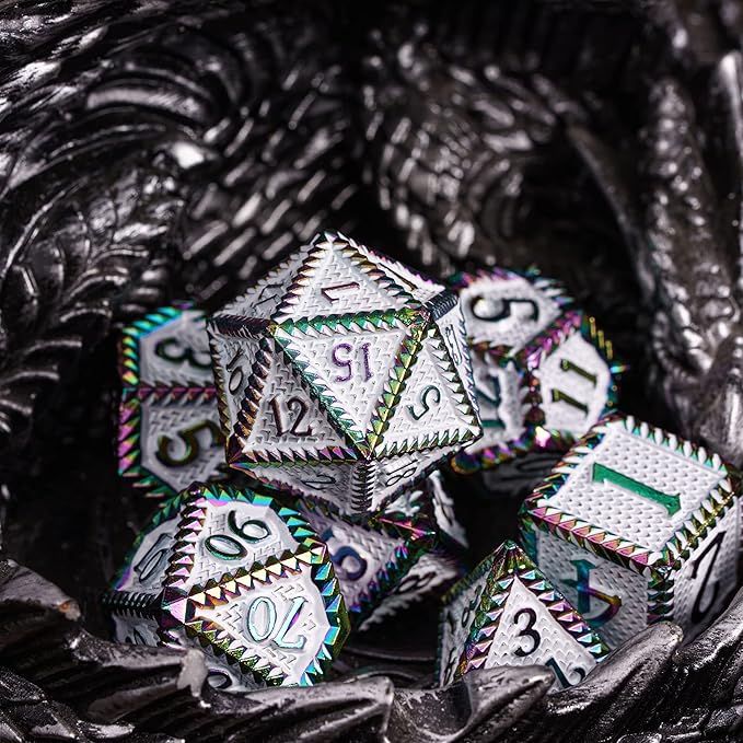 7-Die Metal DND Dice Set, Serrated Design Metal Dice Set 7 Pcs D&D Dice Set for Dungeons and Dragons Role Playing Game(RPG),Pathfinder,Table Game,Board Games(Colorful White)